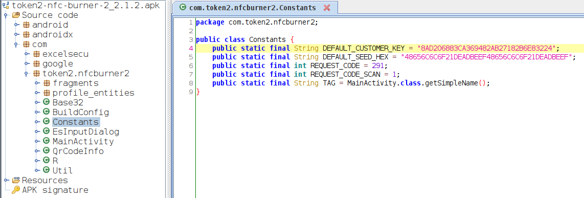 Decompiled class of the NFC Burner 2 Android application with static constants, e.g. the key for encrypting the challenge (DEFAULT_CUSTOMER_KEY)