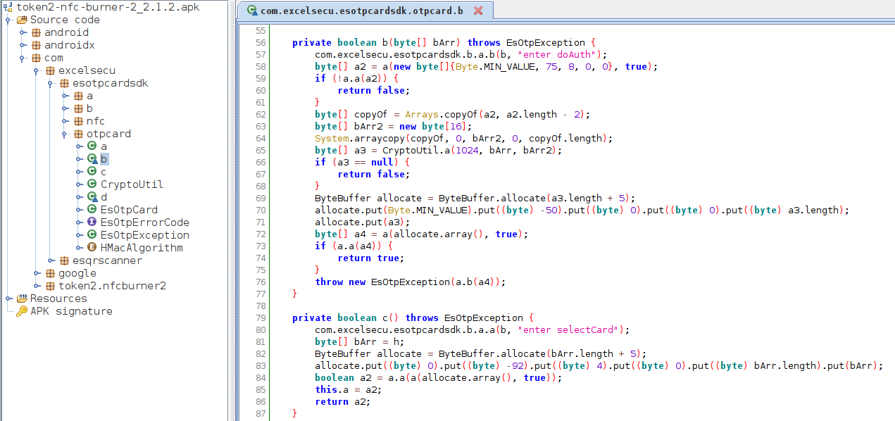 Decompiled authentication method of the NFC Burner 2 Android application